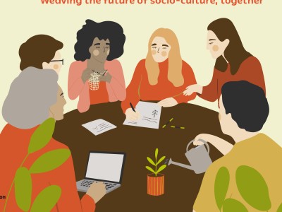 illustration of a group of diverse people doing different activities around a table