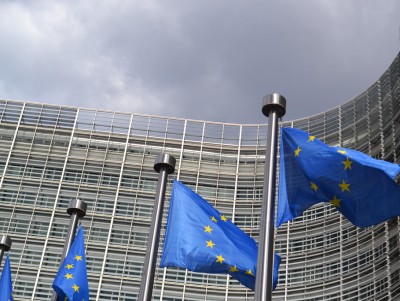 EU flags in front of the Berlaymont building in Brussels